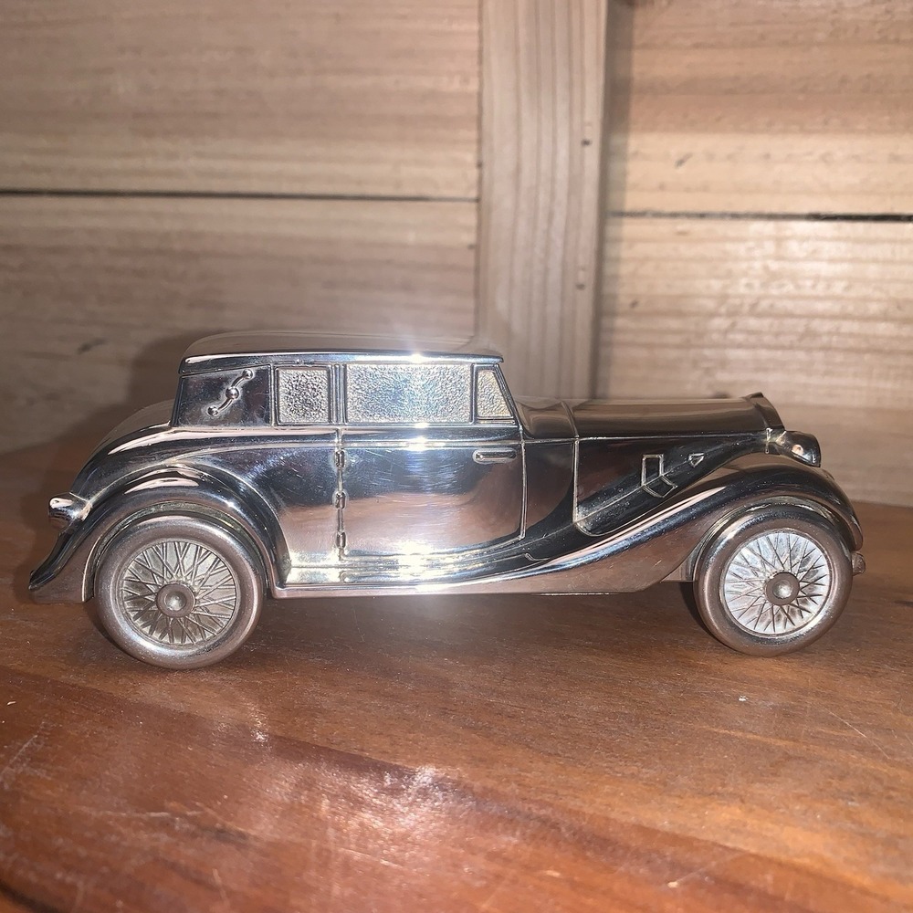 Vintage ROLLS ROYCE PHANTOM Coin Bank Money Spinning Wheels Silver Plated EUC